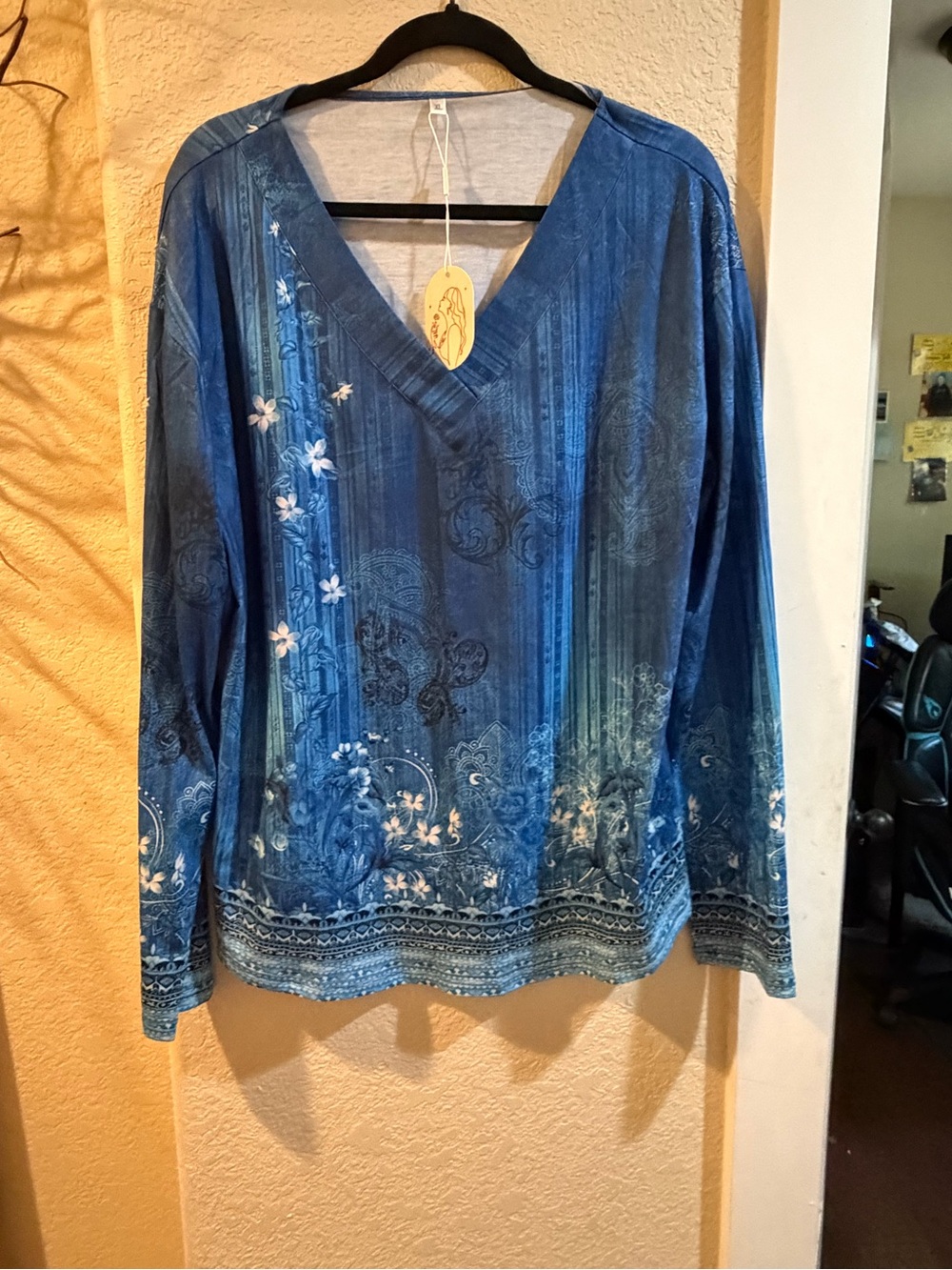 Blue V-Neck Floral Print Women's Top
